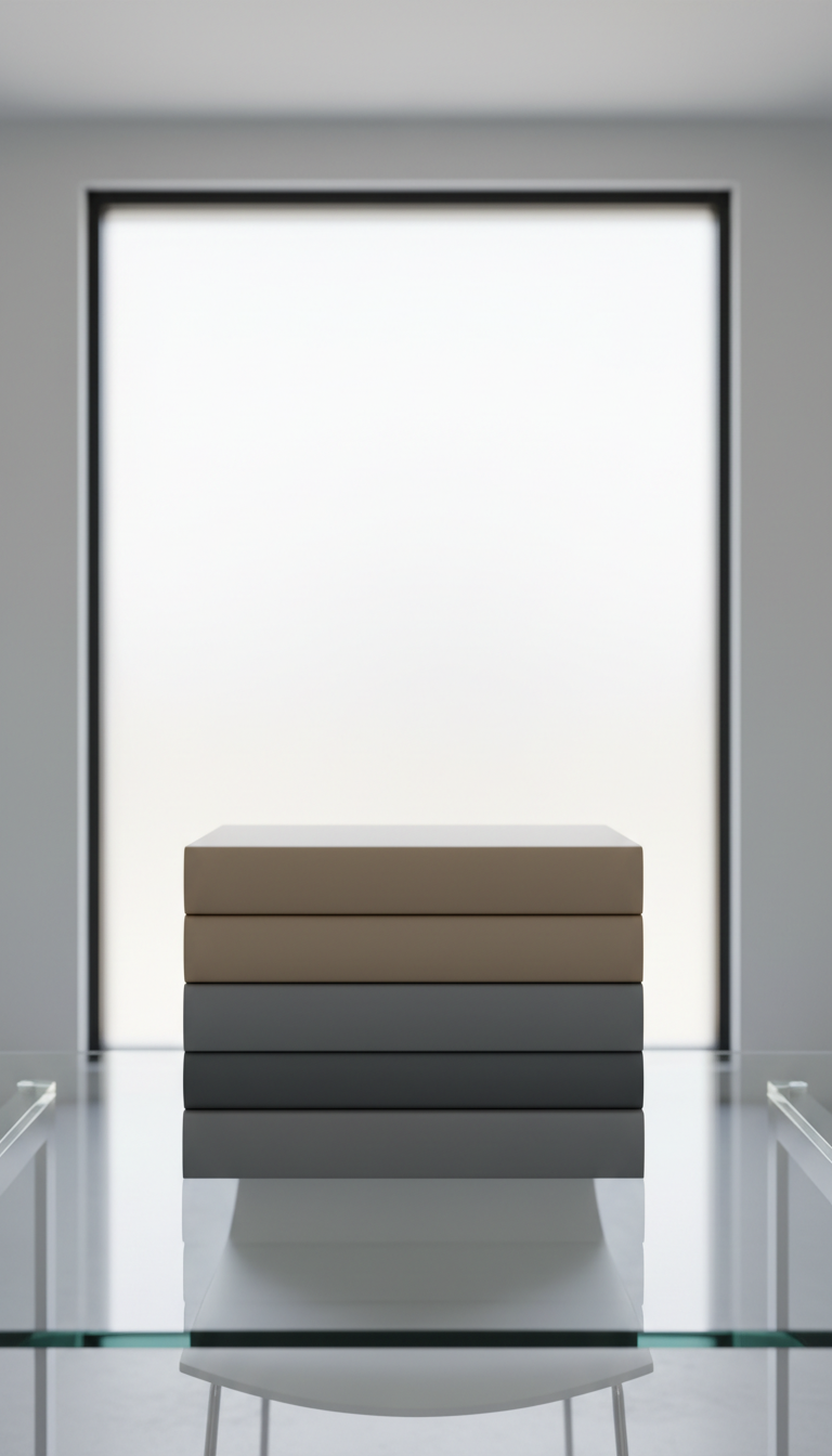 A meticulously arranged stack of smooth, matte-finish ledger books in neutral taupe and slate gray tones sits atop a clear glass desk. The desk rests in a minimalist, modern office with clean lines and uncluttered surfaces, bathed in soft, diffused natural daylight from a large frosted window. Subtle, balanced reflections shimmer on the desktop, while gentle shadows provide depth. The image is shot from a slightly elevated, centered angle with sharp focus throughout, conveying a calm, professional, and structured atmosphere. Photographic realism, with a corporate and organized aesthetic, highlights the principles of financial order and expertise for a business-focused website.