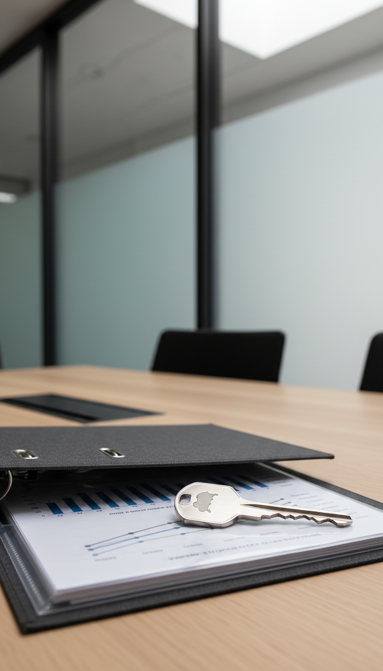 A sleek brushed steel key, engraved with a discreet bison silhouette, lies on a structured binder of crisp financial reports—pages feature visible graphs and charts in muted blues and grays, carefully organized in clear sleeves. This ensemble sits neatly on a light oak conference table against a backdrop of frosted glass panels, evoking a sense of privacy and professionalism. Daylight filters gently from above, casting soft, evenly distributed light that accentuates the clean textures and precise arrangement. Captured in a slightly angled, rule-of-thirds composition with moderate depth of field, the image feels purposeful and refined, supporting fractional CFO services with minimalist photographic style.