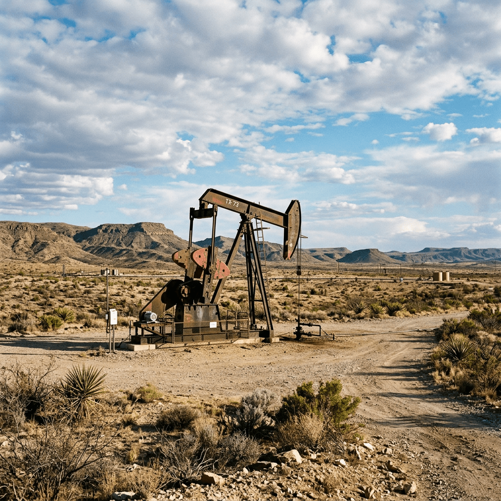 Oil pumpjack extracting oil in a desert with mountains under a partly cloudy sky